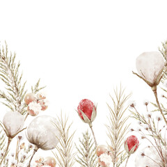 Botanical Watercolor Frame with Cotton and Berries