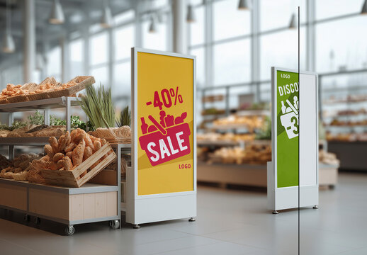 Supermarket Indoor Billboard Mockup with Bread Section