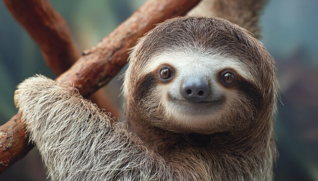 Close-up of smiling sloth clinging to tree branches in tropical forest, with detailed fur texture and expressive eyes captured in natural soft lighting. - Powered by Adobe