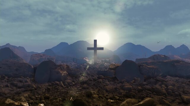 A cinematic 3D desert landscape with rocky ground featuring a central old worn wooden cross.
