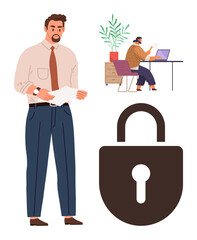 Businessman holding papers, remote worker on laptop at desk, and large padlock symbolizing data security and collaboration. Ideal for teamwork, privacy, office culture, security, remote work