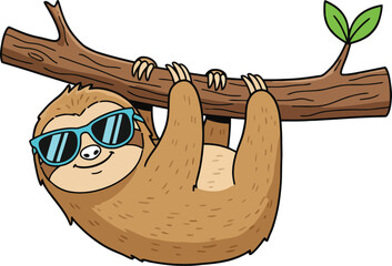 Naklejka premium Cute cartoon sloth wearing sunglasses hanging from a tree branch