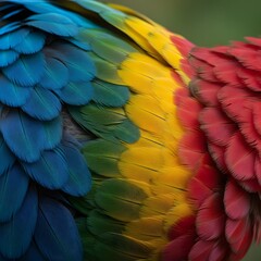 Fototapeta premium Close-up of vibrant parrot feathers in layered pattern with blue, green, yellow, and red hues showcasing natural beauty