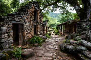 Fototapeta premium Structures of the deserted village Biribiri, Biribiri State Park, Minas Gerais, Brazil
