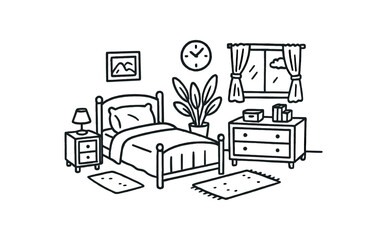 handdrawn cute doodle style decluttered bedroom vector line illustration