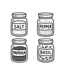 handdrawn cute doodle style organized spice jars vector line illustration