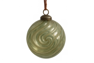 Green ornate glass christmas bauble with spiral swirl design hanging, festive holiday decoration on transparent background