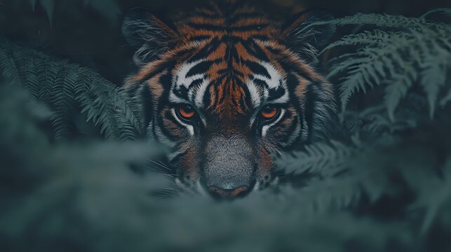 Fierce tiger with intense gaze peering through lush green ferns in dark forest environment, creating dramatic wildlife portrait.
