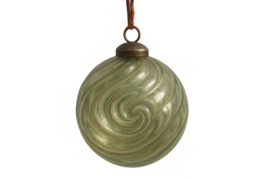 Green ornate glass christmas bauble with spiral swirl design hanging, festive holiday decoration on transparent background