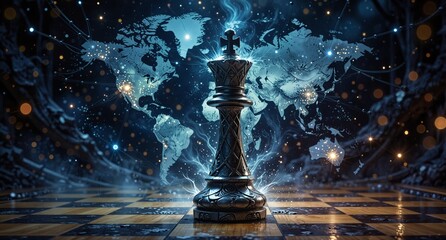global strategy concept with a chess king piece illuminated against a world map and bokeh lights.