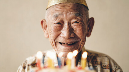 Smiling elderly Asian man wearing a party hat celebrating birthday with lit candles on a cake in the foreground, expressing joy, warmth, and festive spirit.