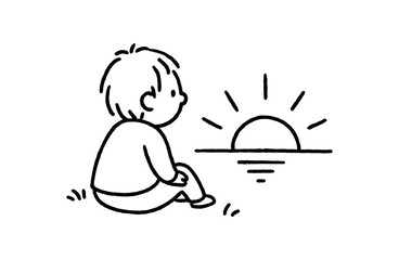 handdrawn cute doodle style person watching sunrise vector line illustration