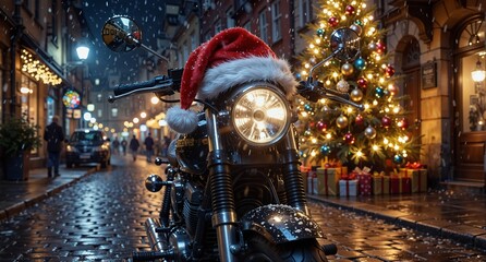 vintage motorcycle wearing a santa hat parked on a cobbled street during a festive christmas snowfall in a european town.