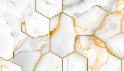 Elegant White Marble Hexagon Tiles with Golden Veins Background.