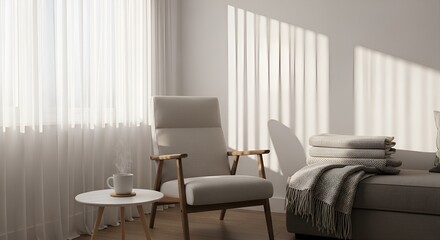 Cozy Armchair with Steaming Coffee by Sunny Window in Modern Living Room