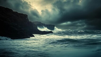 Dramatic stormy seascape with crashing waves against rocky coastline with dark clouds and turbulent ocean water. - Powered by Adobe