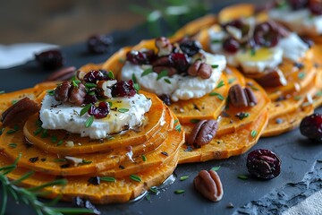 Roasted butternut squash spirals topped with creamy goat cheese, dried cranberries, candied pecans and fresh herbs served on dark slate background. Perfect for fall menu.