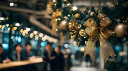Festive Christmas tree with golden ornaments and bow in foreground, blurred people in background at corporate holiday event.