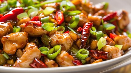 Fresh and delicious food displayed on a clean plate, including colorful vegetables, tender meat, and ripe fruits. The appetizing food is arranged neatly, highlighting its freshness, taste