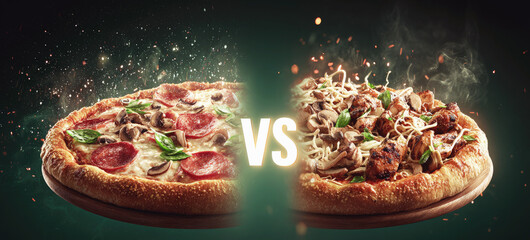 Two delicious pizzas in dramatic face-off, pepperoni vs grilled chicken, surrounded by sparks and steam in a bold, appetizing food battle concept.