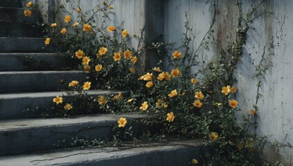 Weathered Stone Steps Covered in Wildflowers.