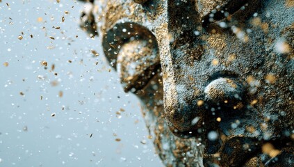Water splashing on a weathered bronze statue head.