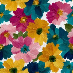 Vibrant floral pattern with textured petals in pink yellow and teal