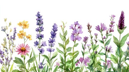 Naklejka premium Colorful wildflowers and herbs including lavender, chamomile, and echinacea growing in meadow arrangement, perfect for botanical illustrations and natural wellness themes.