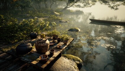 Tranquil Forest Scene with Wooden Table and River.