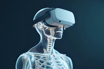 Translucent human skeleton wearing virtual reality headset on dark blue background, representing digital technology and medical visualization.