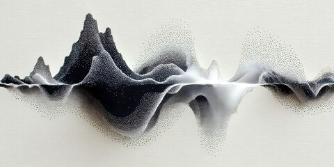 Dotted waveform with bold peaks and intricate patterns, transitioning from dense black dots to faint grays, softly illuminated on a white background.