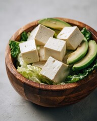 Delicious Tofu Cubes with Avocado and Lettuce Salad.