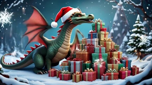 a dragon wearing a Santa Claus hat next to Christmas gifts