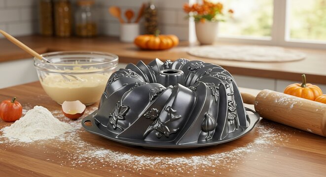 Bundt Cake Pan with Baking Ingredients on a Wooden Countertop.