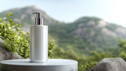 Elegant White Lotion Bottle on a Nature Background.