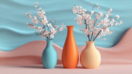 Pastel Colored Vases with Spring Flowers.