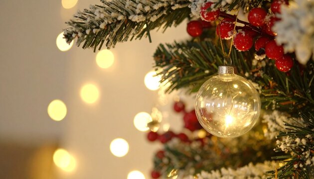 Snowy Christmas tree branch with red berries and glass baubles — festive holiday decoration with bokeh lights