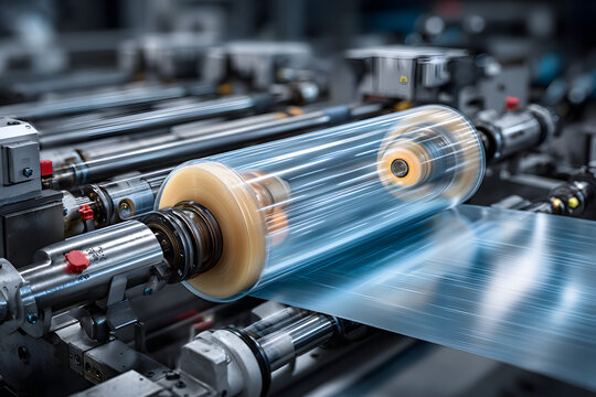 Plastic packaging film moving through an industrial production machine.