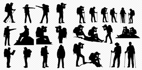 Collection of black silhouettes depicting hikers and photographers in various poses, carrying backpacks and using trekking poles or cameras during outdoor adventures.