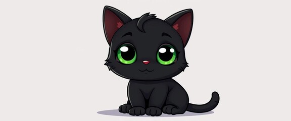 Adorable cartoon black cat with big eyes, sitting, isolated,  playful,  cute