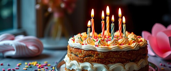 A decadent birthday cake, frosted lavishly, topped with lit candles,  cherries,  festive