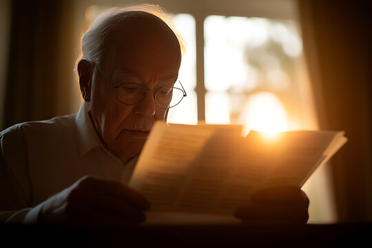 An elderly man with glasses sits near a window, absorbed in reading a document bathed in warm sunlight. His focused expression hints at the document's importance. Light filters through.