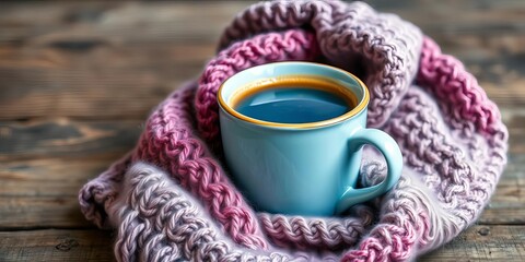 A steaming cup of classic blue coffee, cozy knitted scarf draped over it, rests on rustic wood,  element,  design