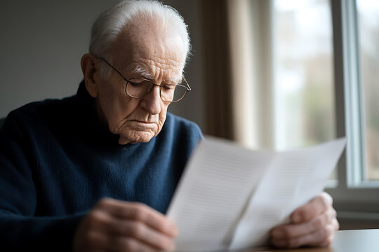 An elderly man with glasses intently reads a document indoors. His brow is furrowed, suggesting concentration or concern as he reviews the information closely in a peaceful setting.