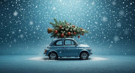 vintage blue car carrying a decorated christmas tree in a snowy winter landscape