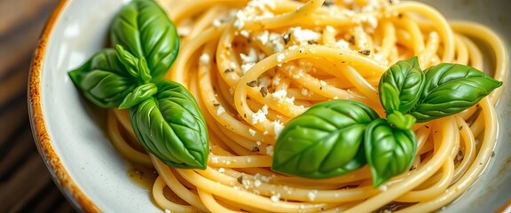 Close-up of garlic olive oil spaghetti with fresh basil,  dinner,  elegant