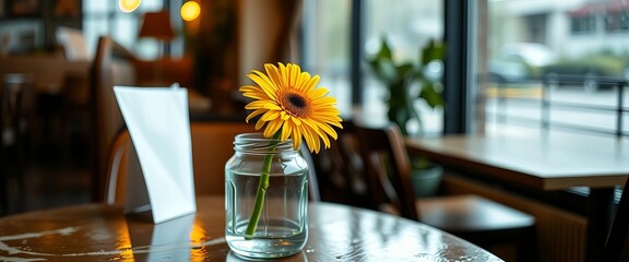 Close-up of a single yellow flower in a glass jar on a rain-misted restaurant table,  still life,  water droplets
