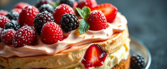Close-up of gourmet tiramisu, topped with vibrant fresh berries, coffee dessert, pastry