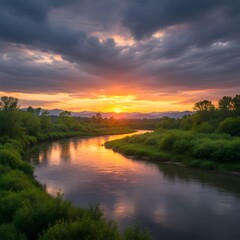 Winding river at sunset with dramatic clouds, lush greenery, and mountain silhouettes in tranquil natural landscape