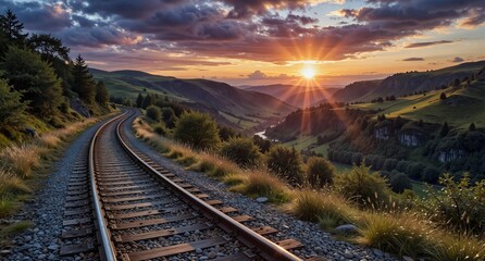 Fototapeta premium serene railway track curving through vibrant mountain landscape at golden hour sunset with dramatic sky.
